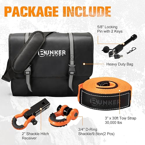 Miniatura 4 de BUNKER INDUST Kit de recuperación de correa de remolque resistente, correa de enganche de 3 pulgadas x 30 pies, 30,000 libras + receptor de enganche