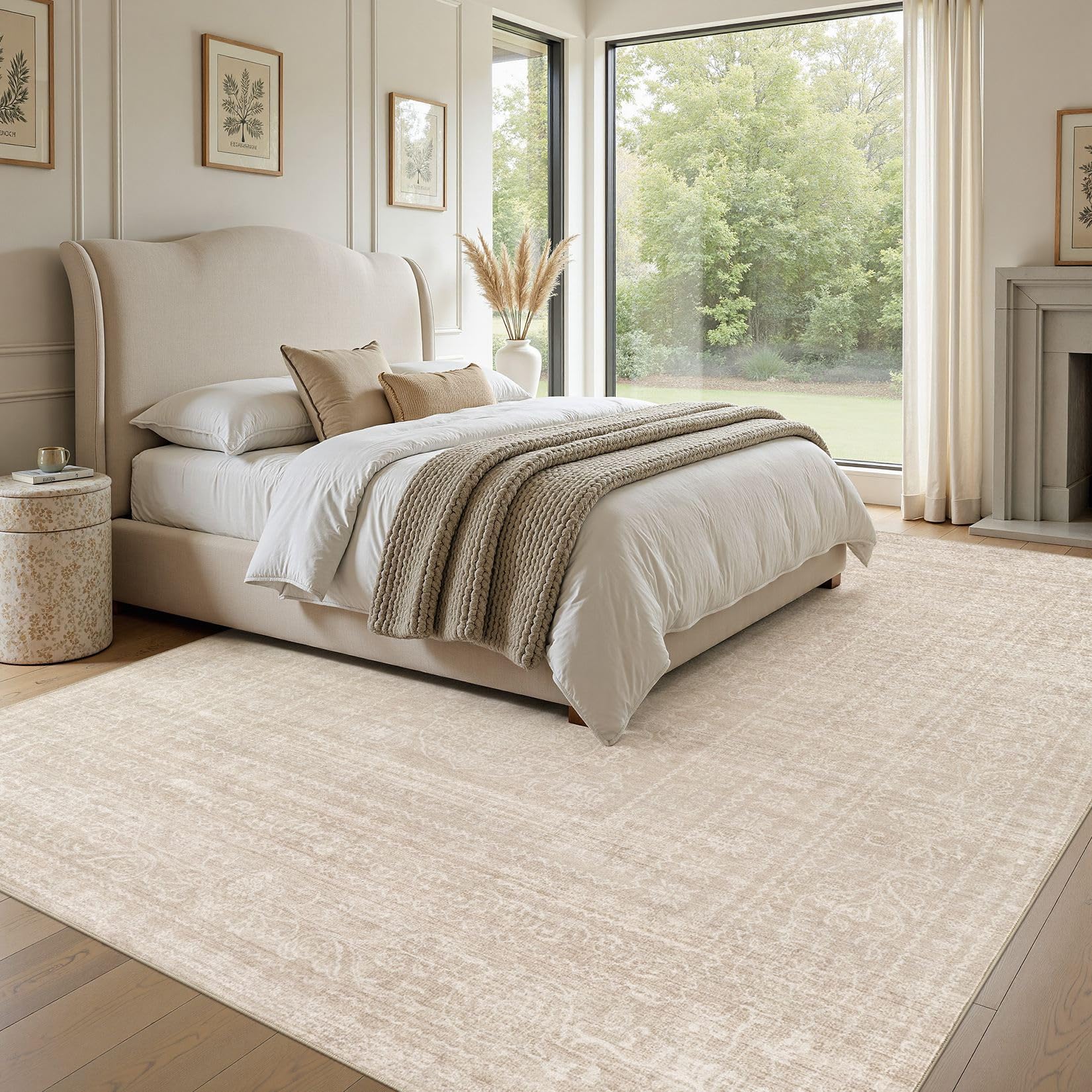5x7 Area Rugs Living Room: Washable Large Vintage Beige Rug Neutral Non-Slip Soft Stain Resistant Indoor Carpet for Bedroom Nursery Dining Room Under Table Bed Home House Office Playroom — view 7