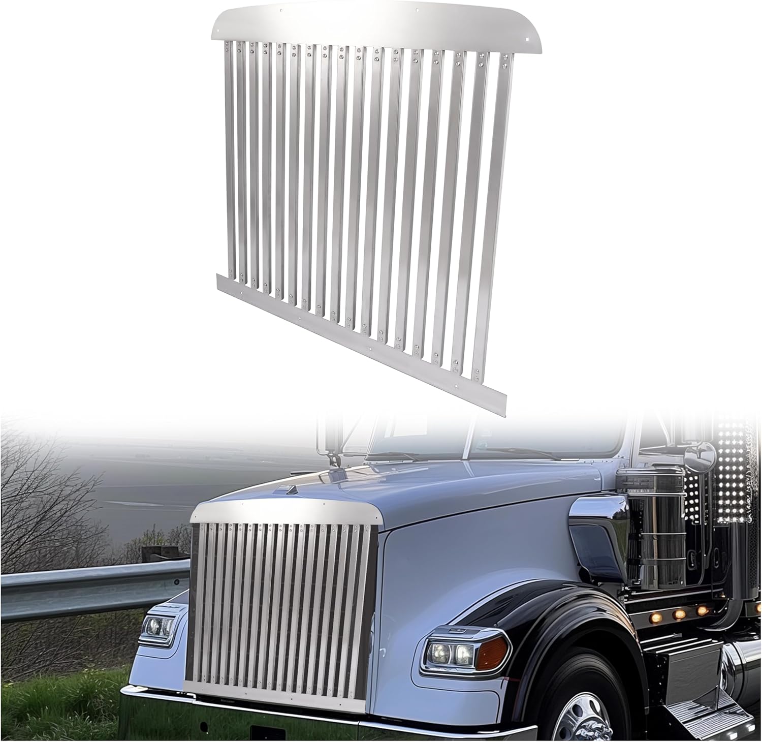 HECASA Front Upper Grille Compatible with 1990-2024 Freightliner Classic XL FLD 120 Stainless Steel Front Bumper Grill W/17 Vertical Bars
