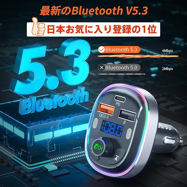 【 2026進化モデル】SONRU FMトランスミッター Bluetooth 5.3 デュアルマイク ノイズ軽減 車載充電器 3つポート USB&Type-C QC3.0急速充電 PD30W対応 車載FMトランスミッター 12V/24V車対応 ハンズフリー通話 7色LEDライト シガーソケット USBメモリSiri&Google Assistant対応 日本語取扱説明書 - 2