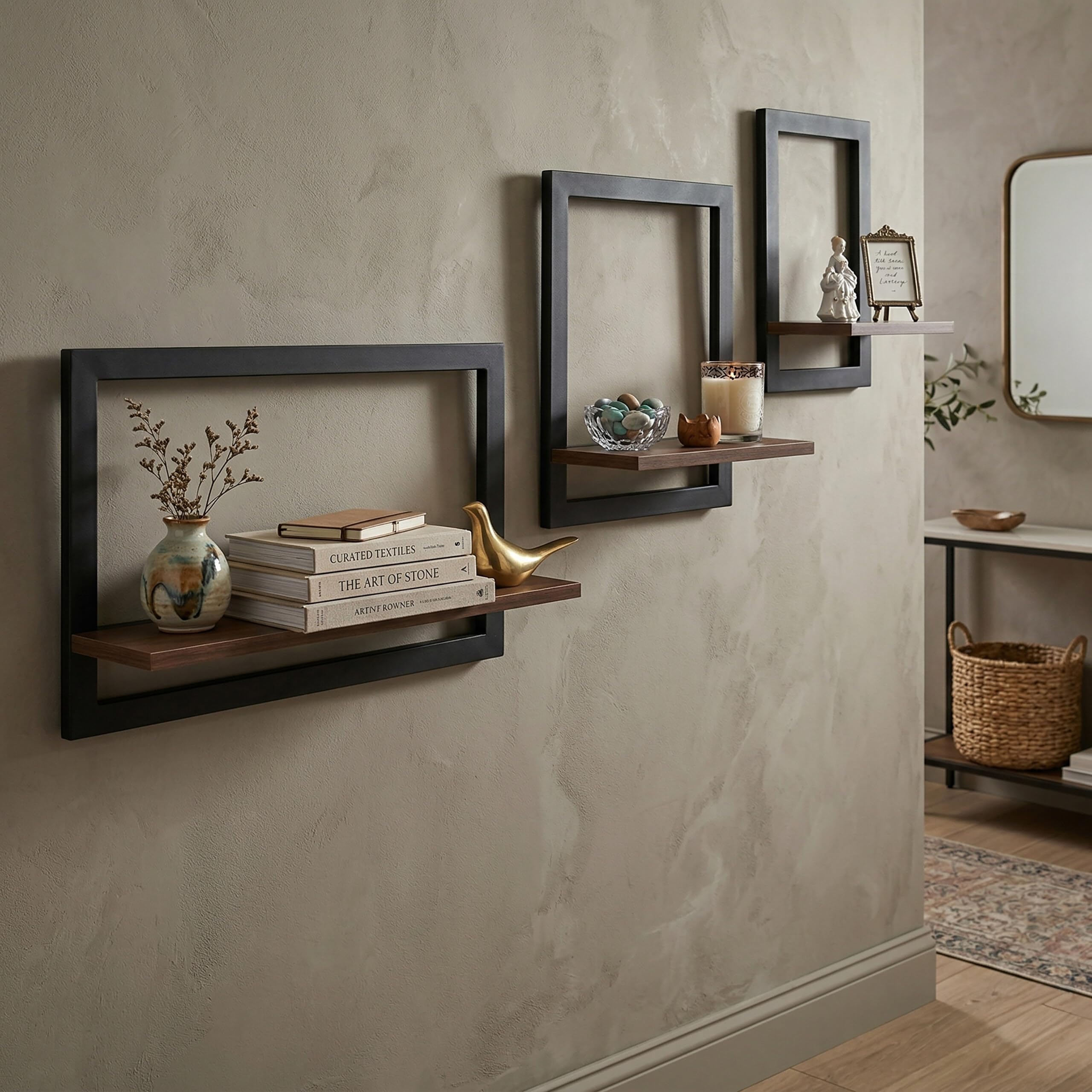 Relaxdays Étagère Murale, Lot de 3, métal et MDF, 3 Tailles, Marron/Noir
