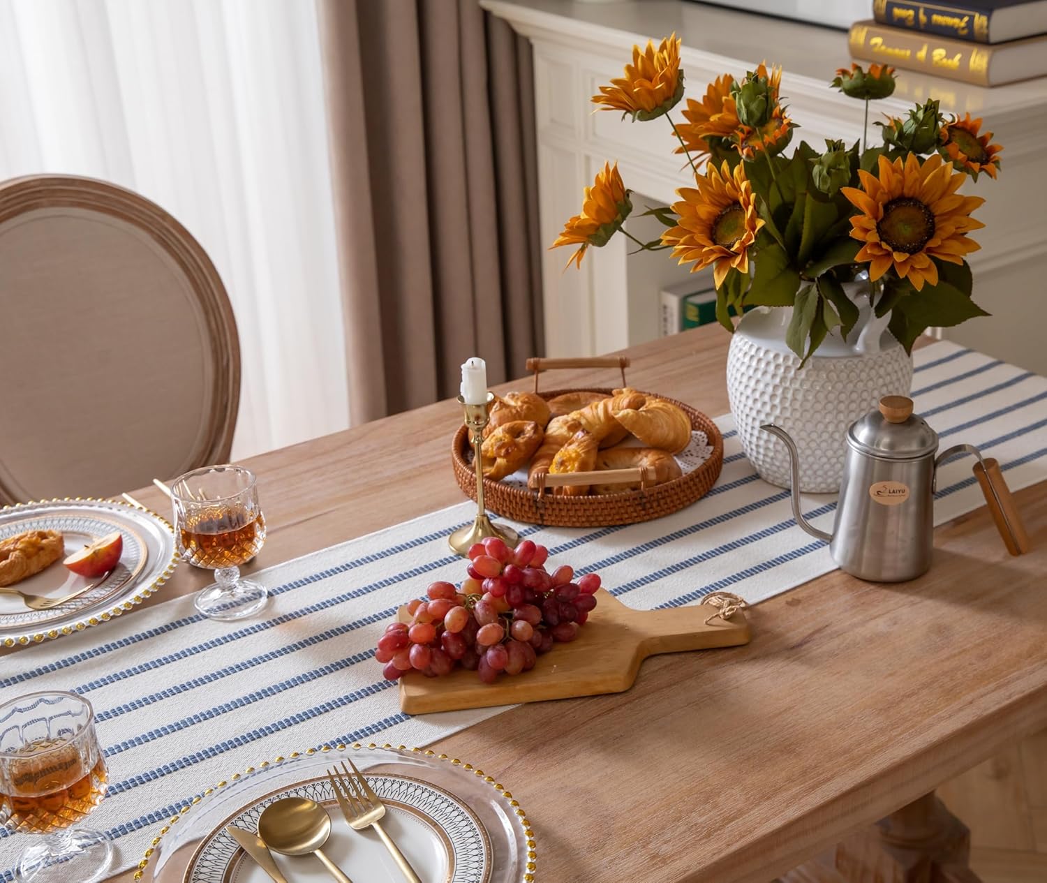 Caflife Boho Table Runner 108 Inchs Long Blue and Beige, Cotton and Linen Woven with Tassels, for Modern Rustic Farmhouse Neutral Table Runners, Bohemian Kitchen Dining Table Home Decor