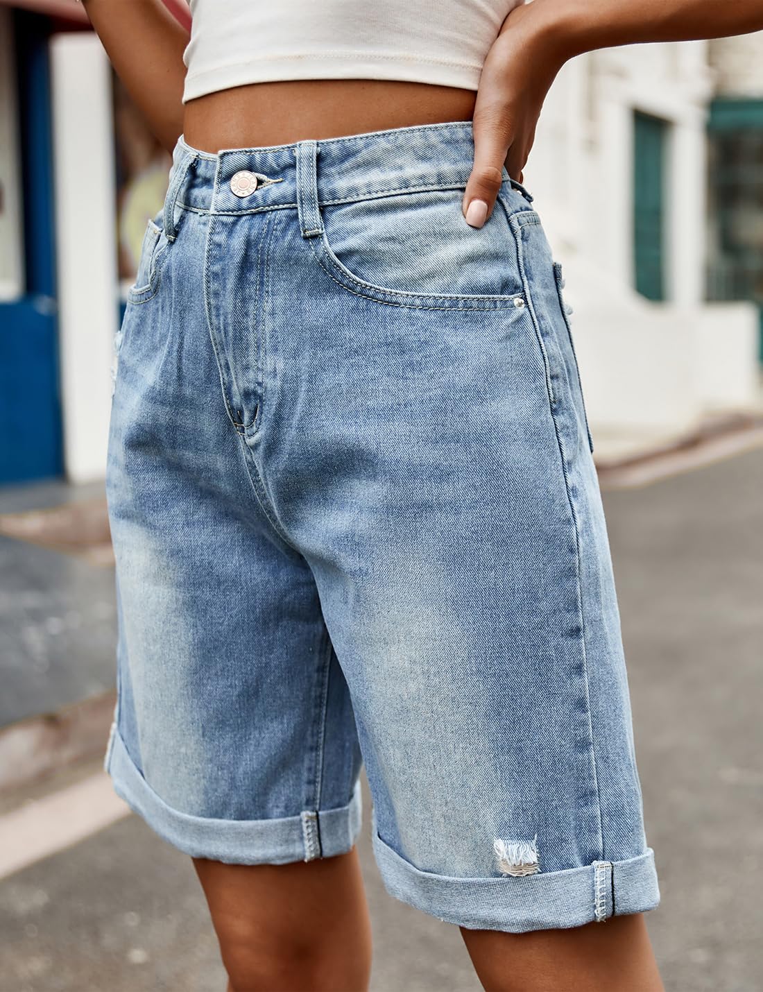 Short en jean décontracté taille haute pour femme - Style baggy déchiré - Coupe droite