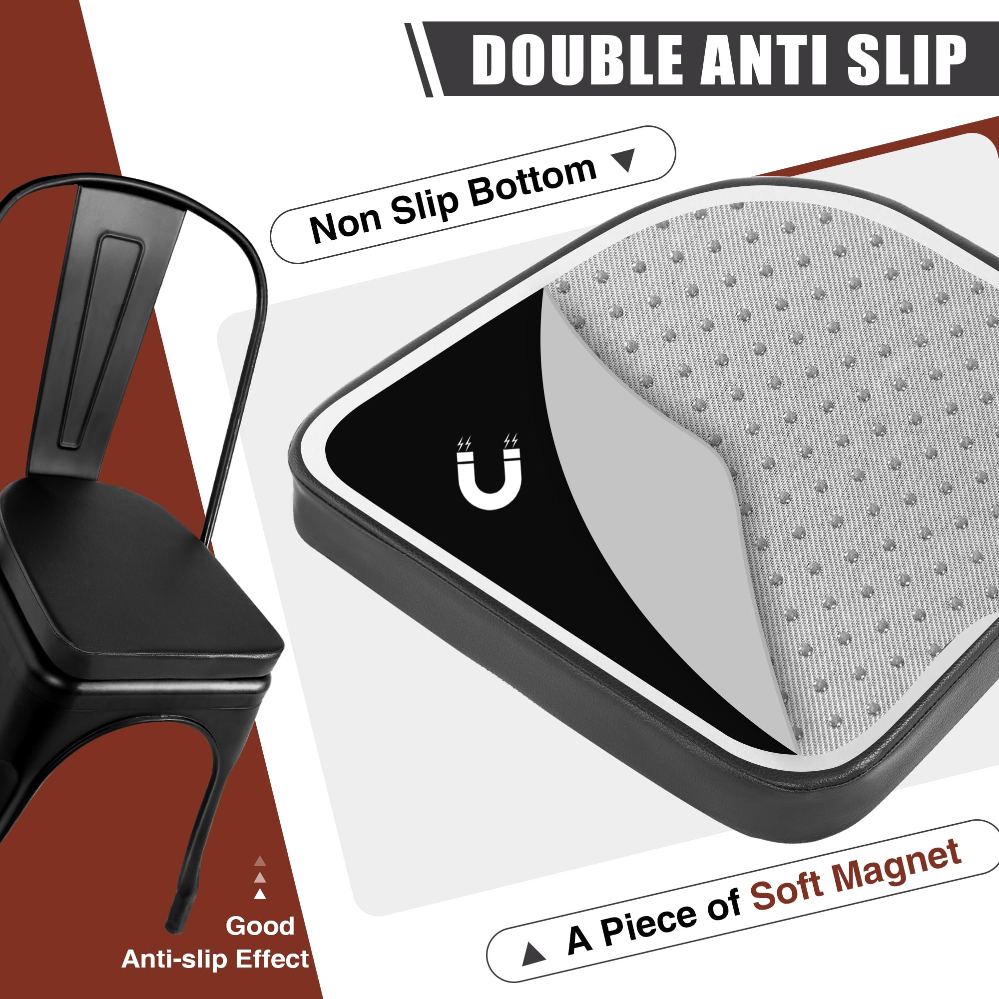 Tromlycs Metal Chair Cushions with Magnets Set of 4 14x14 Inch, Non Slip PU Leather Magnetic Seat Pads for Metal Kitchen Dining Cafe Chairs, Black