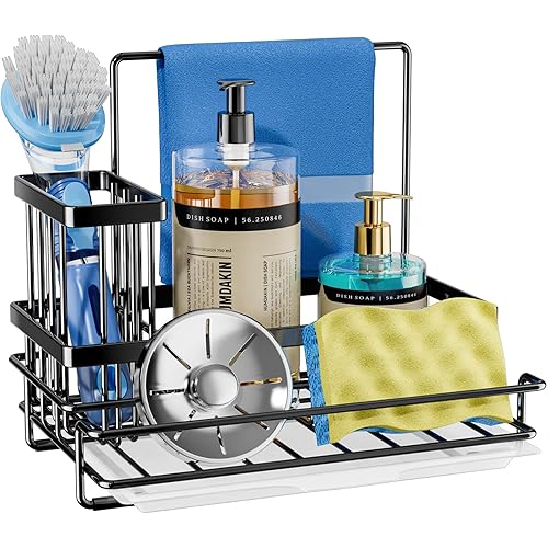 Consumest Sink Caddy Kitchen Sink Organizer, Sponge Holder for Kitchen with Brush+Dishcloth Holder, Stainless Steel Sink Soap Holder Countertop with Drain Tray for Sink Accessories, Black