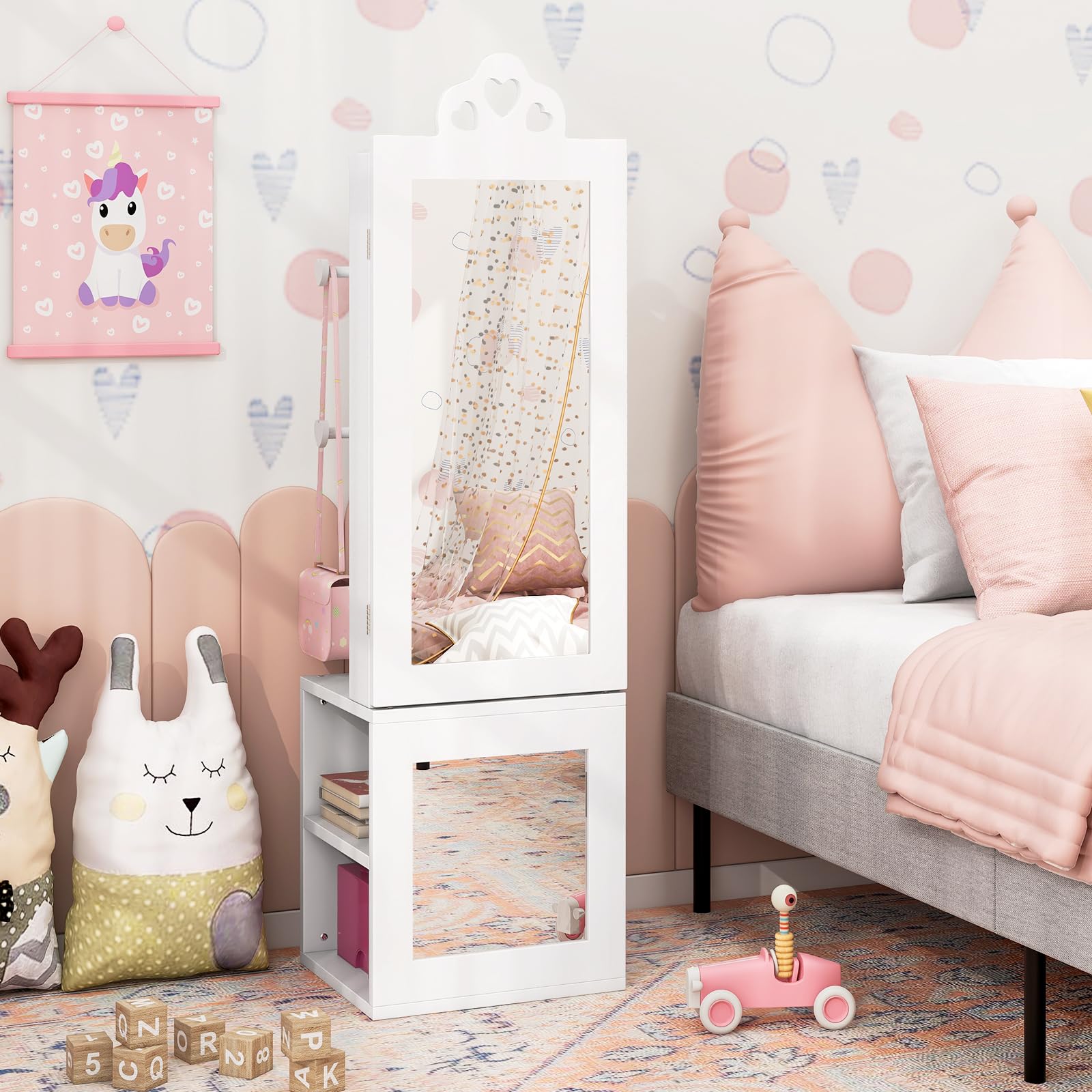 COSTWAY Armario de Joyería para Niñas 3 en 1 con Espejo y Perchero, Blanco