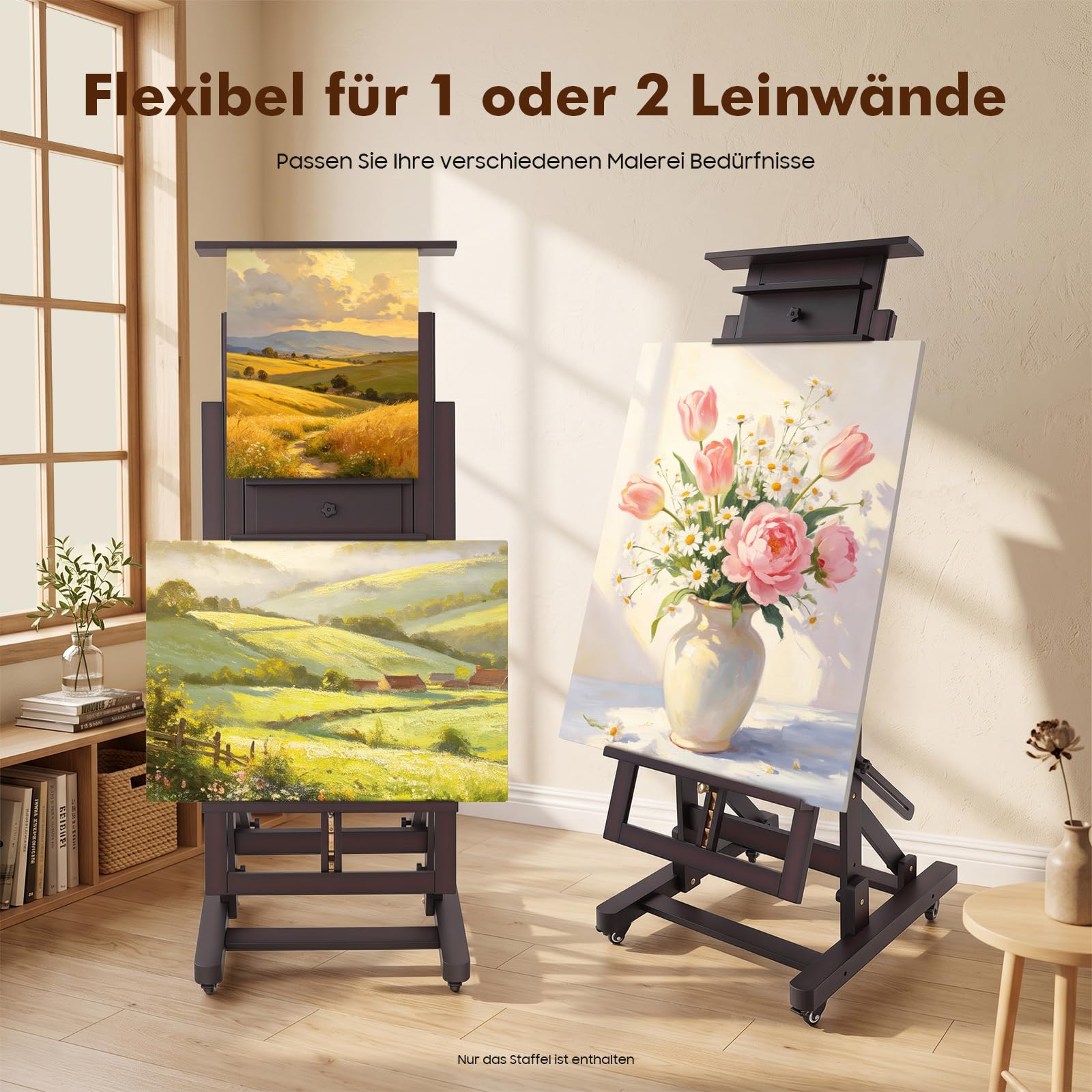 Professionelle Holz Staffelei Groß (140-300 cm Höhenverstellung) mit 4 Lenkrollen, Stabile H-Ständer Design für bis 10kg - Universal Staffelei Holz für Künstler, Kinder, Atelier (Schwarznussfarbe)