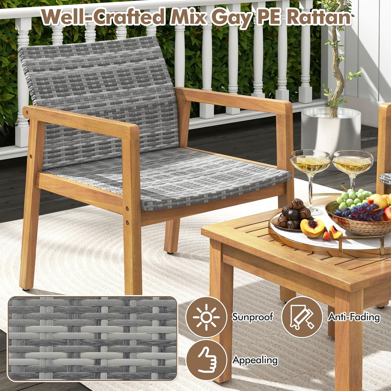 Tangkula 3-Piece Acacia Wood Patio Furniture Set Gray