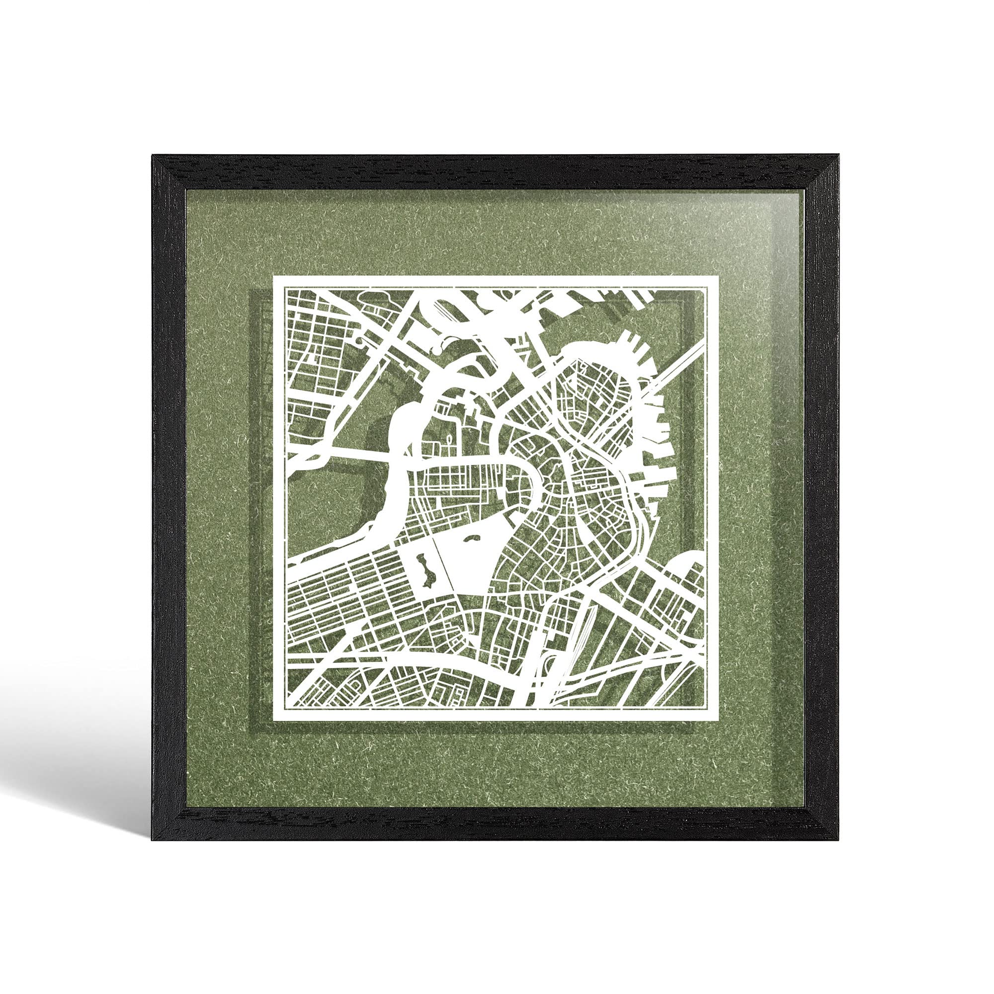 O3 Design Studio Boston Paper Cut Map Framed, White map, Black Frame, 9x9 inches, Gift Boxed, 4 Background Color, self-Changing, Paper Art