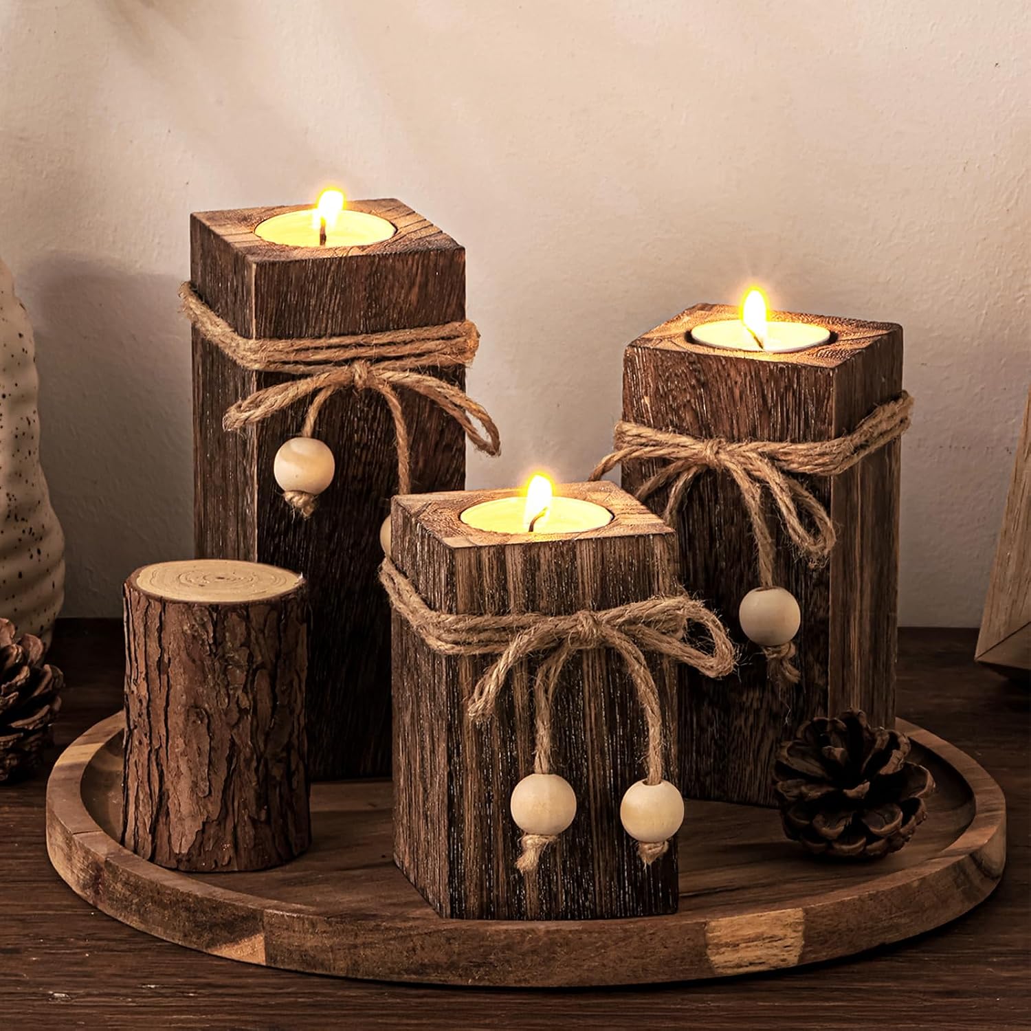 MelonBoat Rustic Wood Candle Holders: Farmhouse Candle Holders with Battery Oper…