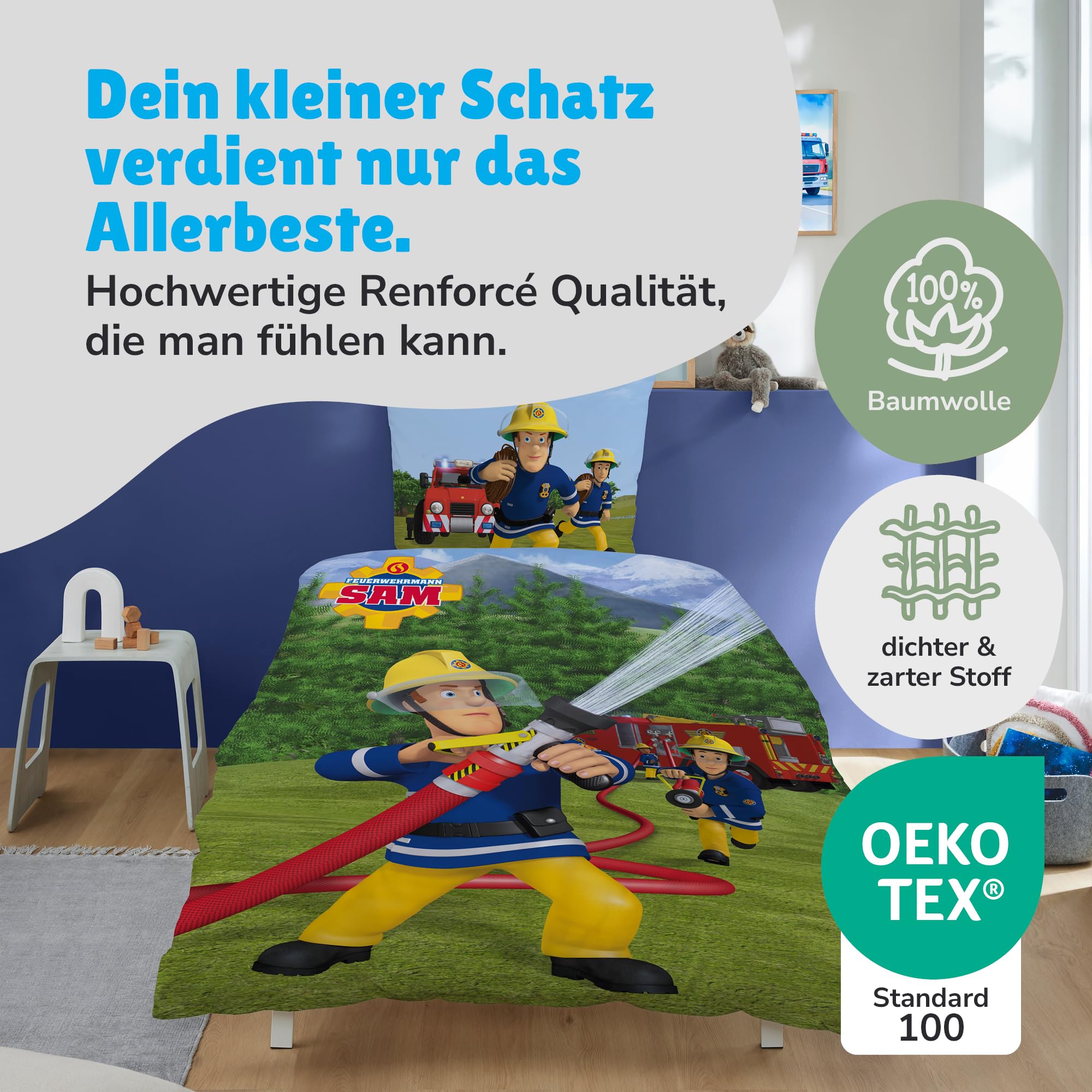 Familando – Feuerwehrmann Sam Bettwäsche-Set (2-teilig) – Decken- & Kissenbezug 135x200 cm & 80x80 cm mit Reißverschluss – 100% Baumwolle Renforcé – Hautfreundlich & kuschelig – Öko-TEX Zertifiziert