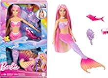 Barbie Mermaid Doll, “Malibu” with Pink Hair, Styling Accessories, Pet Dolphin and Water-Activated Color Change Feature (Amazon Exclusive)