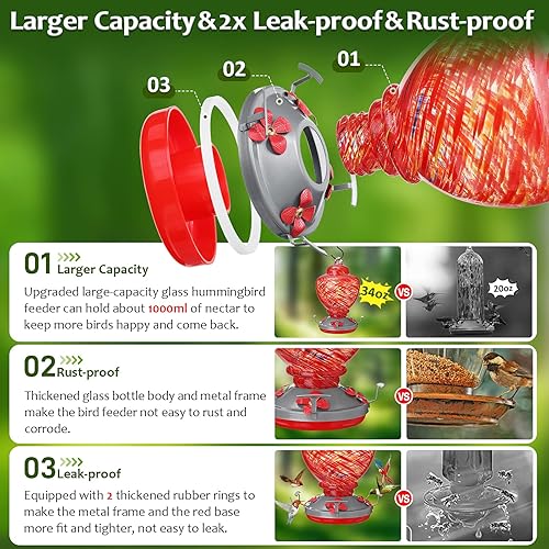 Miniatura 10 de Comedero para colibríes de 36 onzas para exteriores, a prueba de hormigas, comedero de vidrio a prueba de fugas con gancho, cuerda y cepillo, regalo