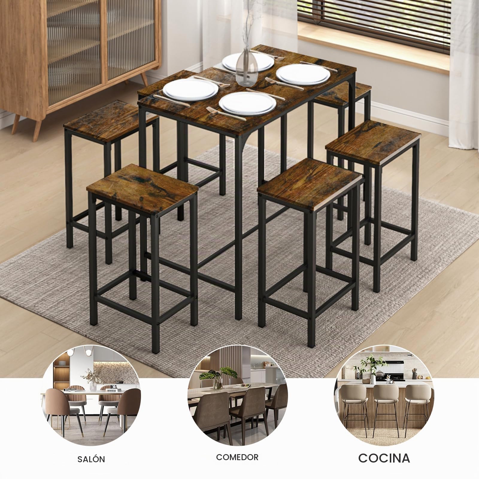 Juego de mesa de comedor y silla, mesa de bar con 4 sillas, cocina, salón, mostrador de bar, estructura de acero, diseño industrial, mesa de bar 100 x 60 x 90 cm, silla de bar 30 x 40 x 65 cm,