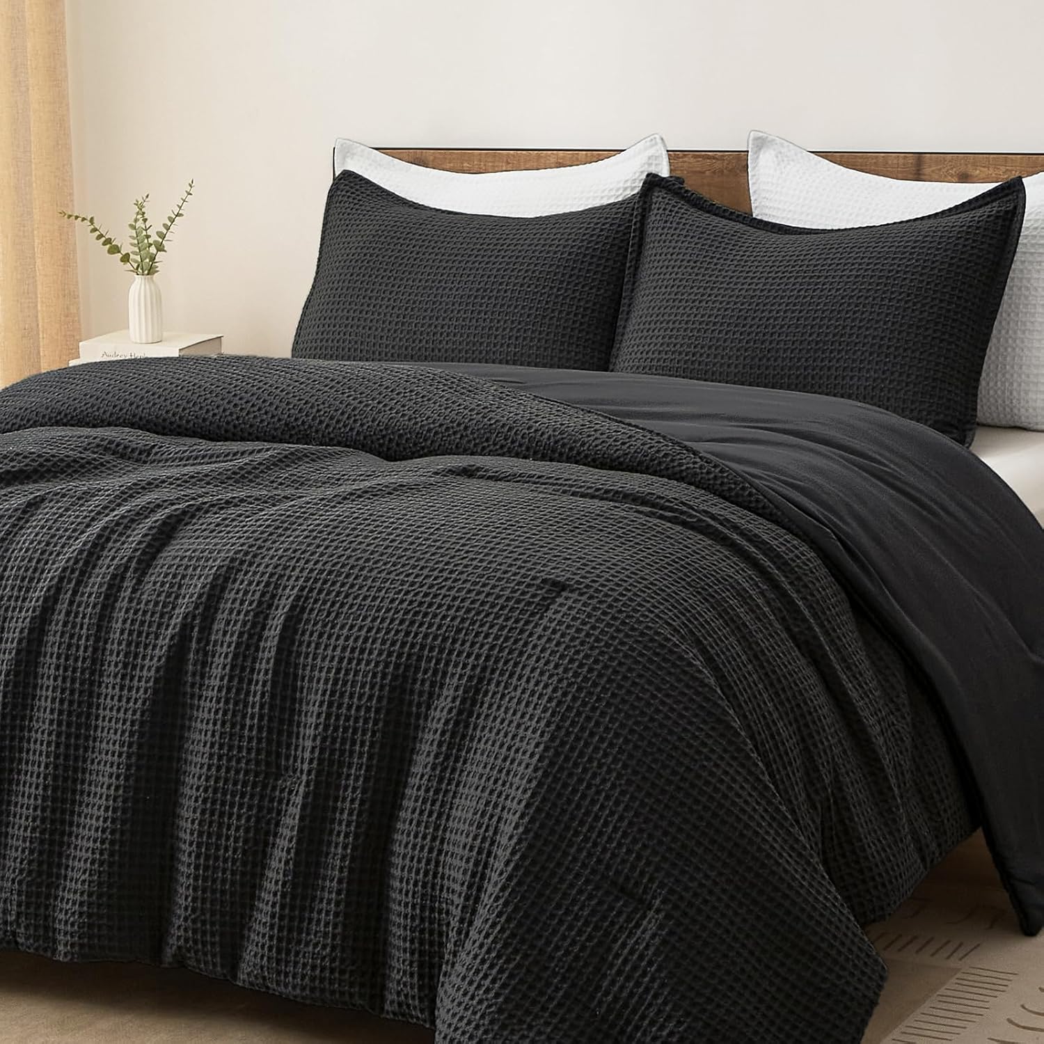 PHF Ultra Soft Waffle Weave Comforter Set California King Size, 3 Pieces Lightweight Breathable Comfy Bedding Set, Comfy Textured 1 Comforter with 2 Pillow Shams, Black