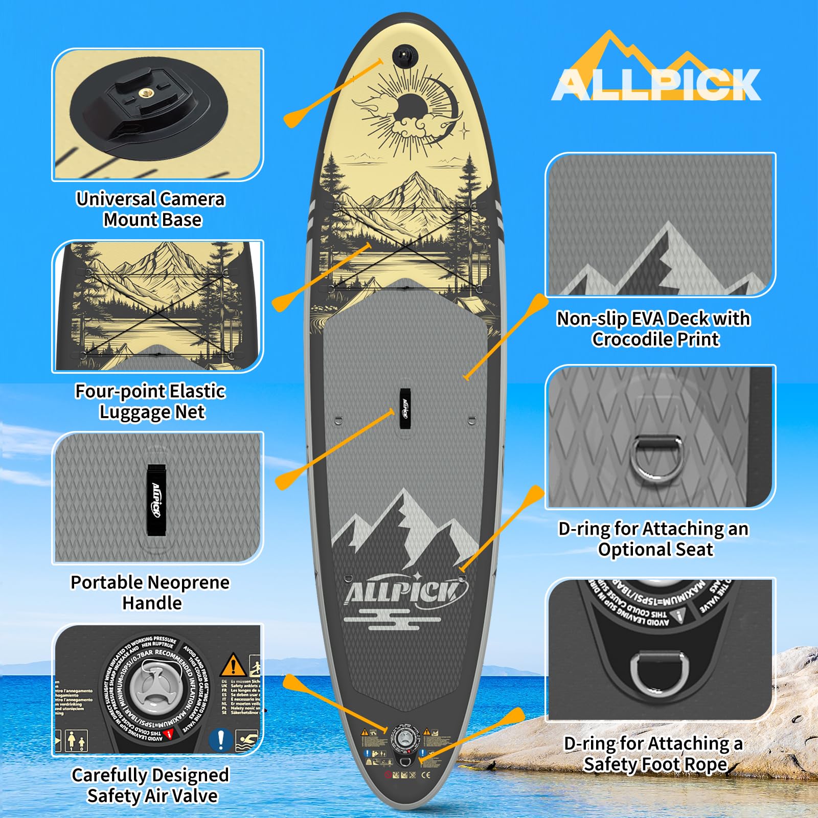 ALLPICK Desek SUP Premium, Nadmuchiwana Deska do Pływania na Stojąco, z Uniwersalnym Uchwytem na Kamerę, Kompletne Akcesoria, Nadaje się Dla Początkujących Wioślarzy, o Limicie Wagowym 200 kg