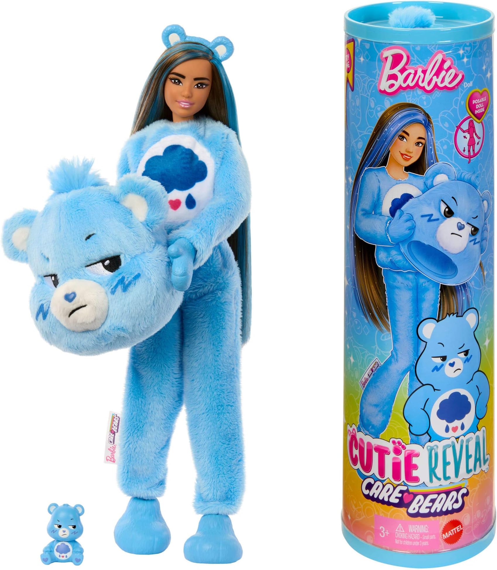Cutie Reveal Care Bears Series Doll & Accessories Set with Grumpy Bear Plush Costume & 10 Surprises Including Color Change & Mini Bear, JCN96