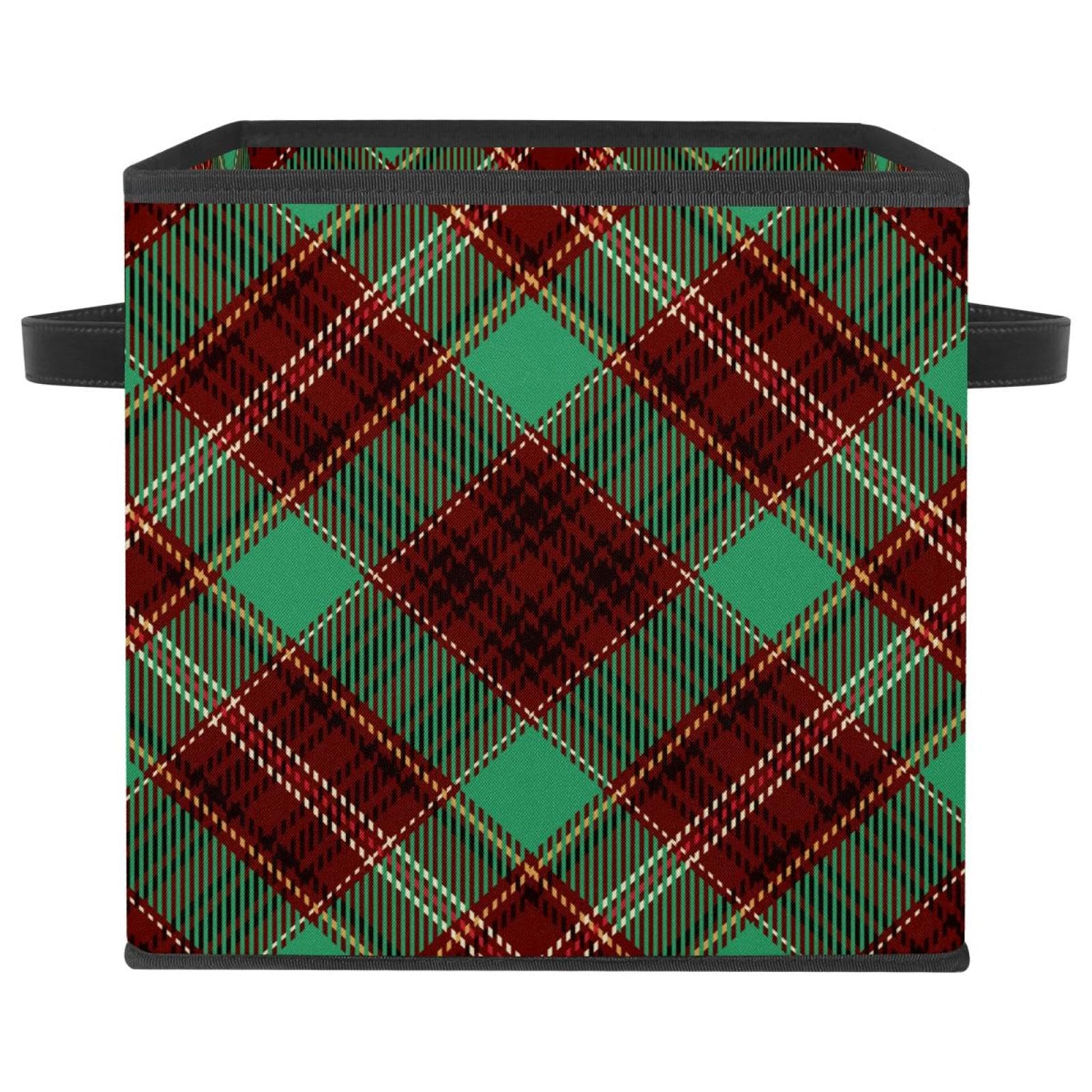 Boîte de rangement pliable en tissu cube organiseur noir vert rouge à motifs carreaux et lignes