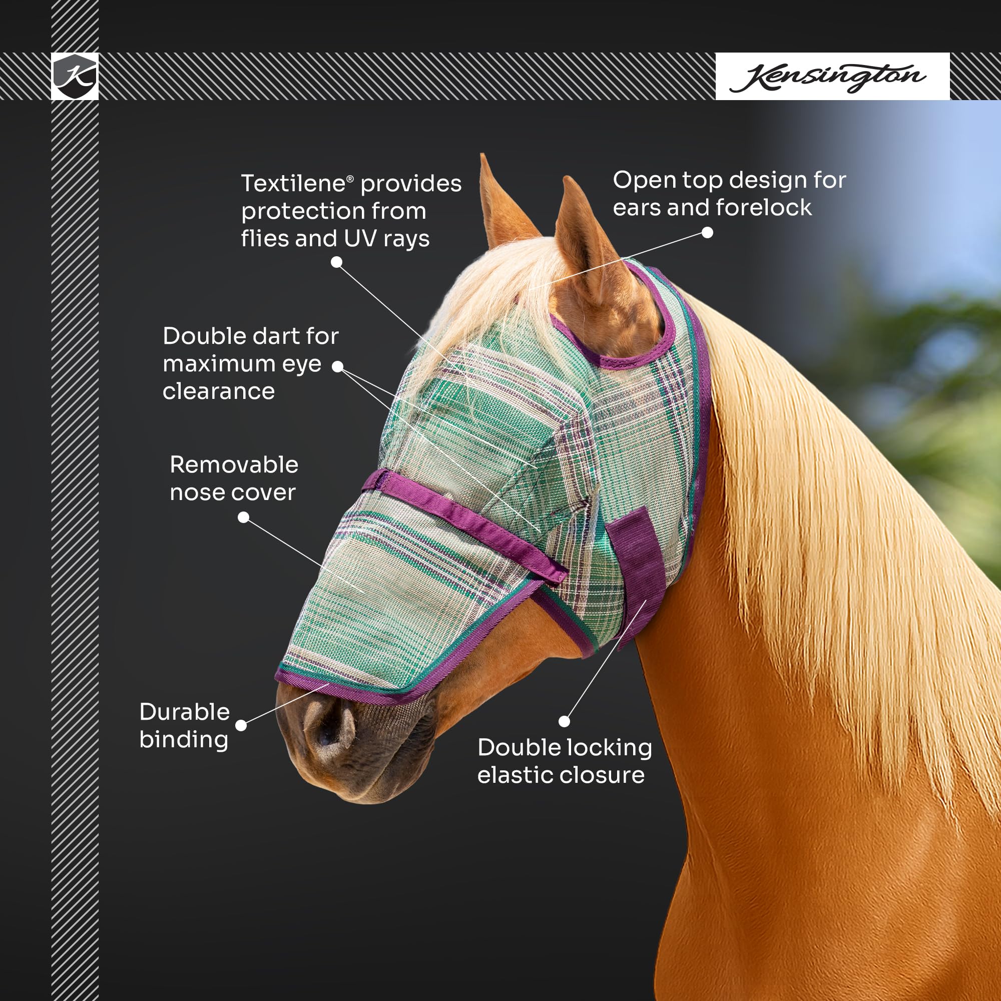 Kensington Máscara antimoscas con Nariz extraíble, Protege la Cara y la Nariz de los Caballos de Insectos Que pican y los Rayos UV Mientras Permite una Visibilidad Completa. Las Orejas y el
