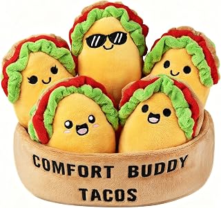 Emotional Comfort & Support Taco Plush, Funny Cute Cuddly Plushies and Toys | Inspirational Motivational Encouragement Gift for Women Men, Include 5 Soft Emotional Support Plushies Food with Carry Basket