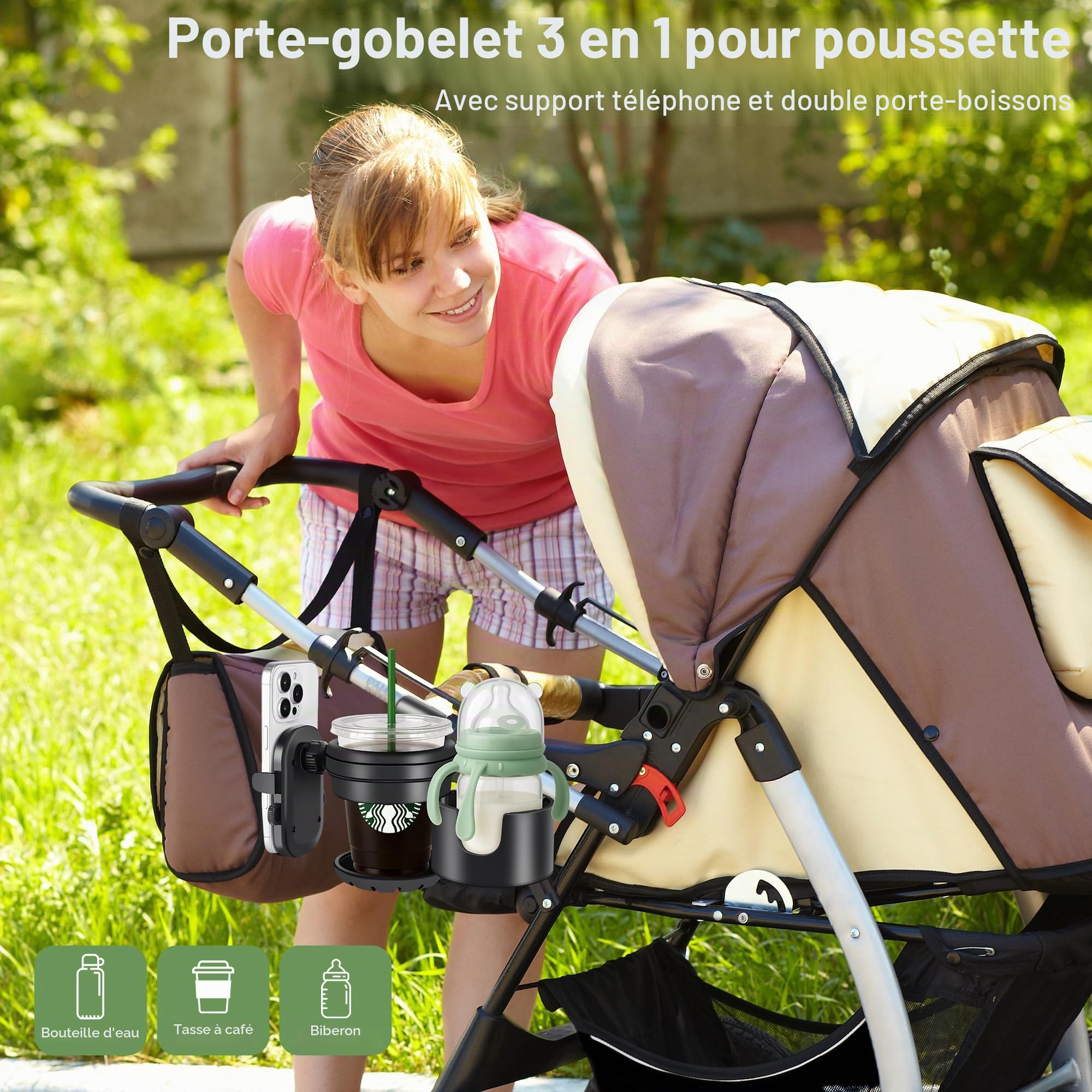 Porte-gobelet Poussette 3 en 1, Porte-biberon Poussette avec Support Téléphone - Porte-gobelet Universel Rotatif à 360° pour Poussette, Vélo, Fauteuil Roulant - Cadeau de Naissance Pratique