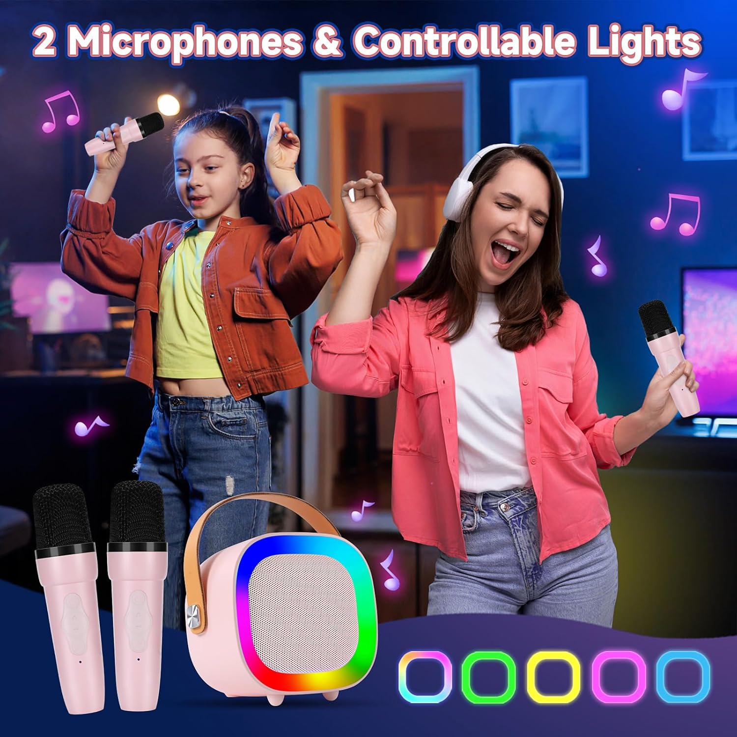 Karaoke Machine for Kids Adults, Mini Karaoke Machine for 4 5 6 7 8 9 10 11 12 Years Old Girls Birthday Christmas Party Gifts, Toddler Toys with 2 Wireless Microphone - Image 3