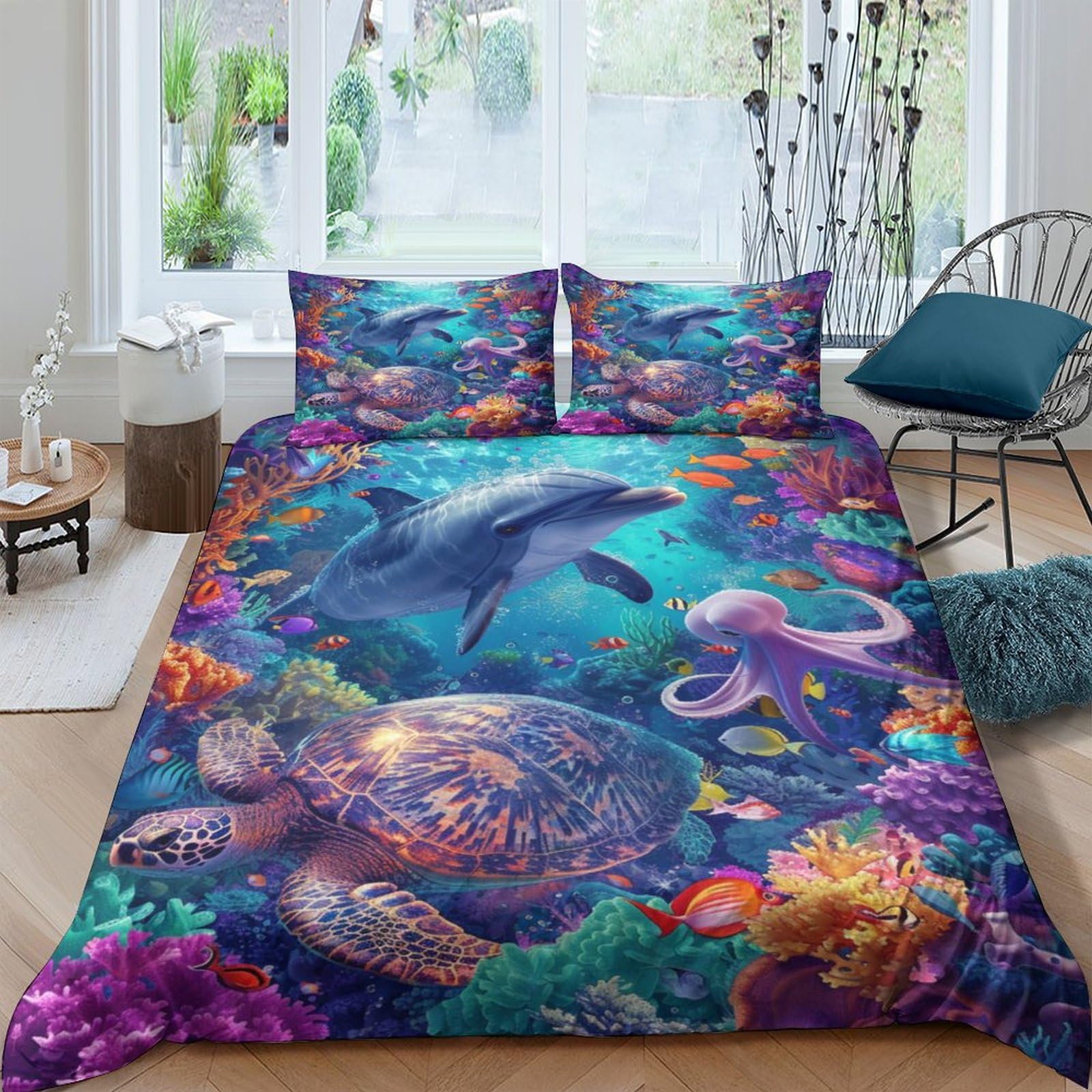 Housse de couette dauphin 220x240 cm en microfibre respirante avec taies