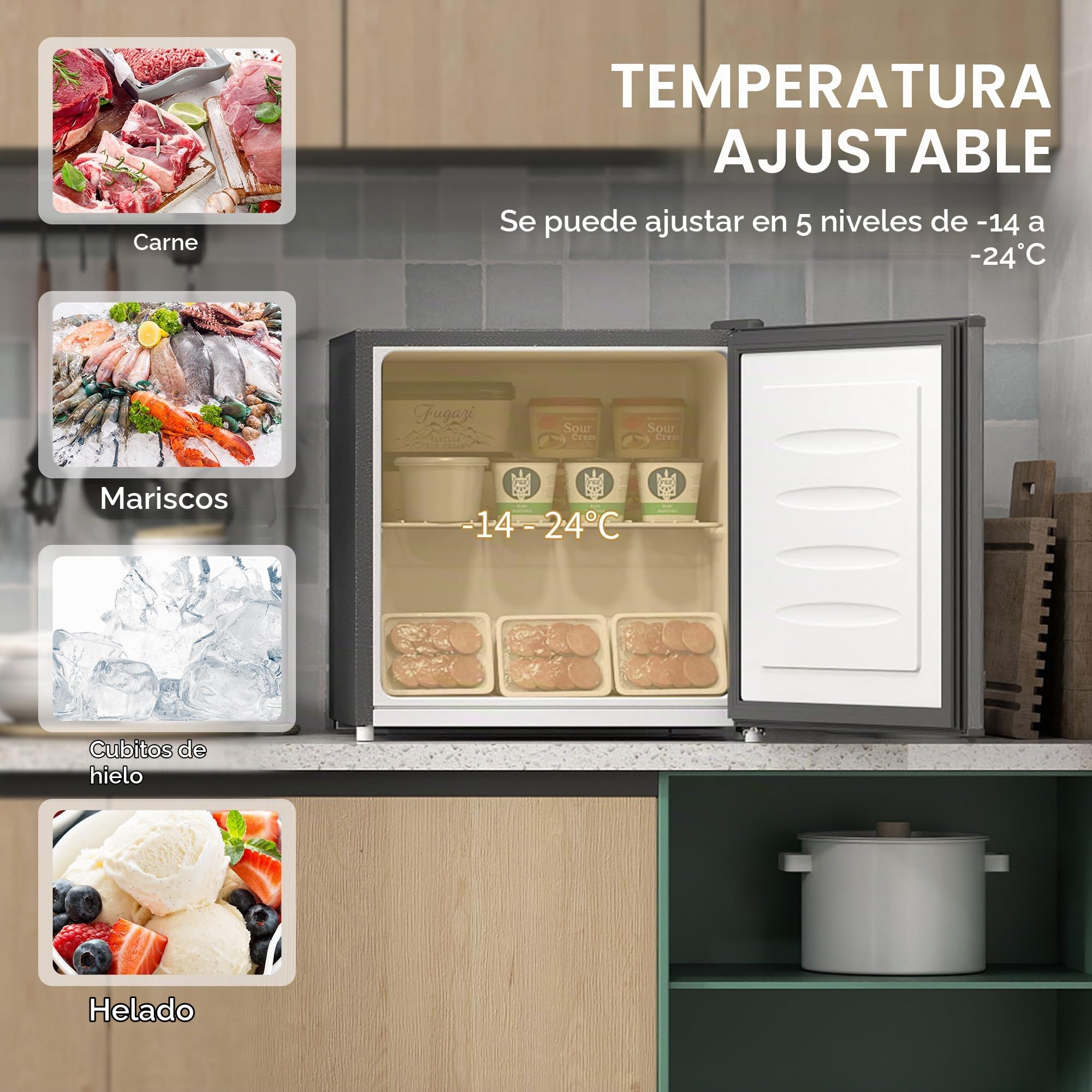 HOMCOM Minicongelador 35 L congelador cajón eléctrico independiente 161 W minicongelador mini frigorífico 41dB -14 a -24℃ Control de temperatura en 5 etapas 47 x 44,2 x 48,8 cm Gris