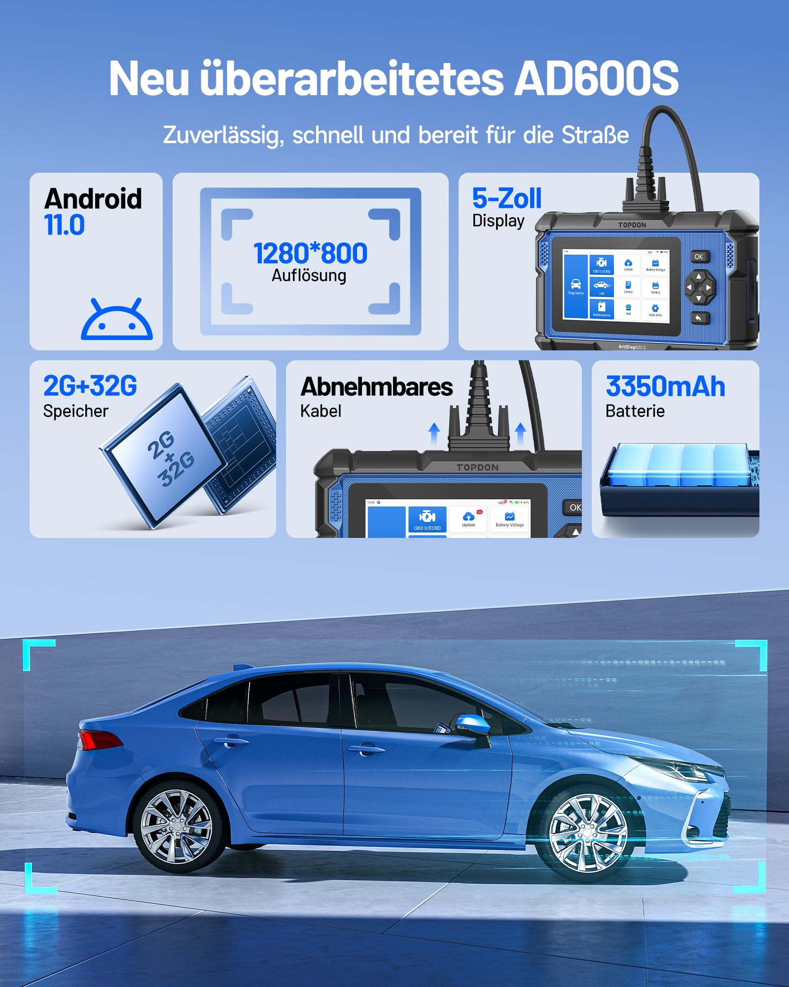 TOPDON ArtiDiag600S OBD2 Diagnosegerät, Diagnosegerät für 4 Systeme Motor/ABS/Airbag/AT, 9 Reset Funktionen auf Öl/Bremse/SAS/BMS/ABS/DPF/TPMS/Drosselklappe volle OBD2 Funktionen, lebenslanges Update