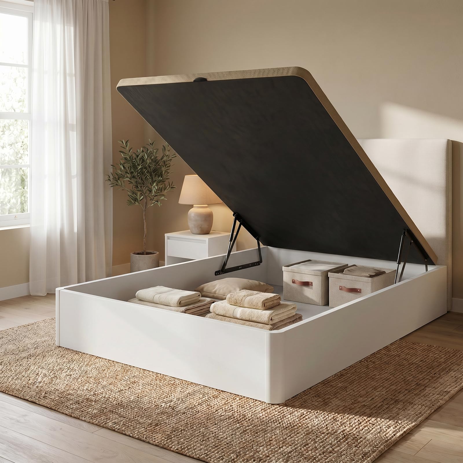 DUÉRMETE ONLINE - Canapé Abatible Blanco 135x190 cm, Gran Capacidad de Almacenaje, Estructura Súper Reforzada, Tapa 3D Transpirable, Incluye Subida a Domicilio