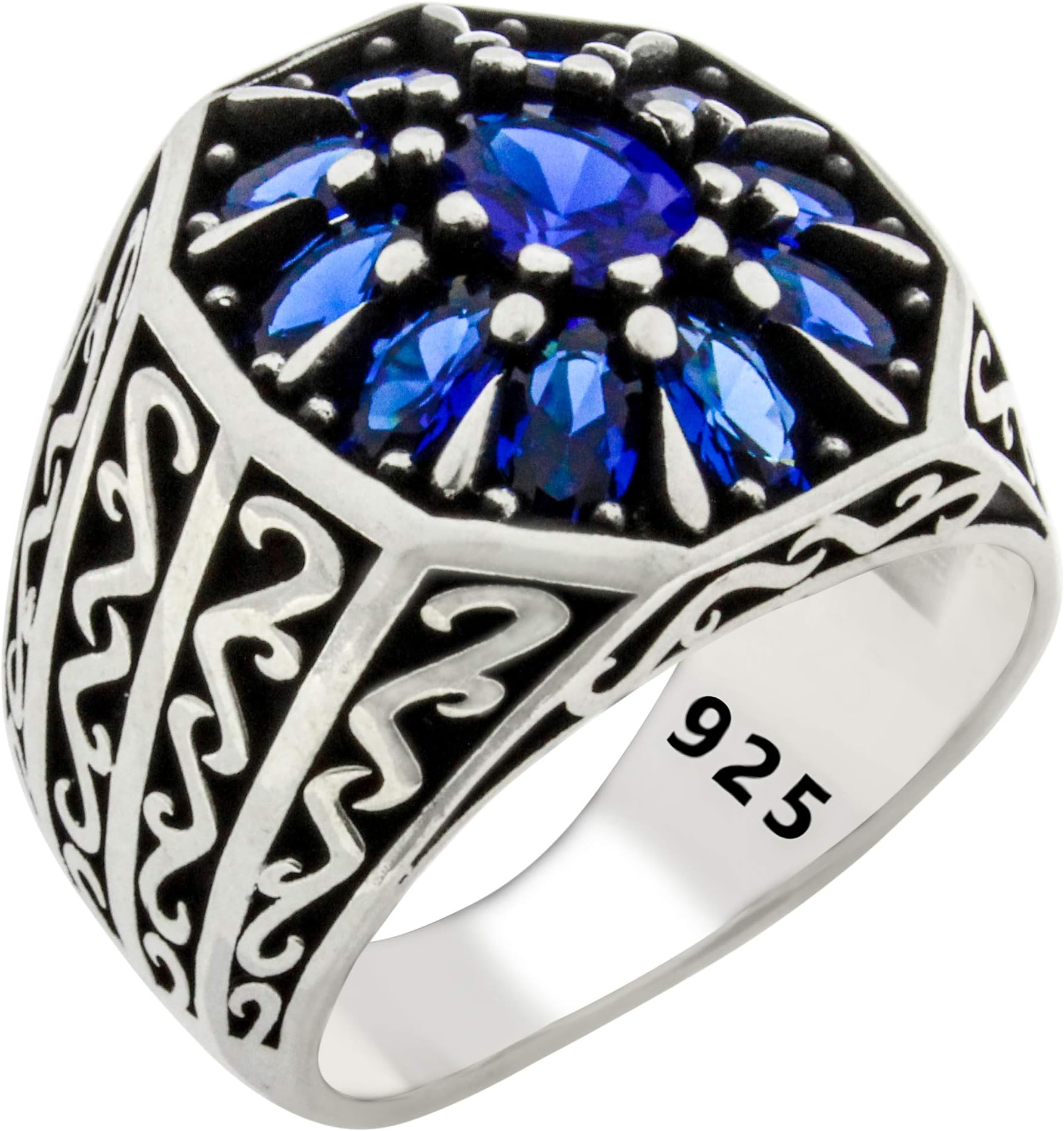 Solid 925 Sterling Silver Luxury Turkish Handmade with Simulated Blue Sapphire Stone Men's Ring
