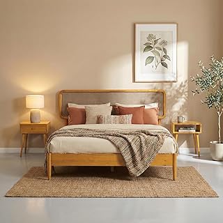 NTC Lupin Wooden Bed Frame with Headboard, Solid Oak and Rubber Wood Foundation with Silent Slats and Wood Central Supports, 1000 Lb Capacity (Rustic Oak, Queen)