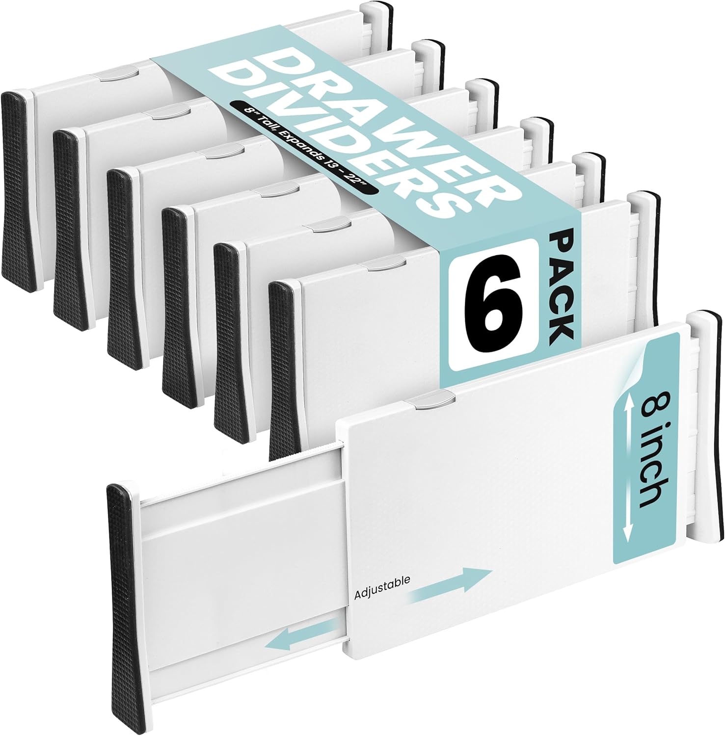 RAPTUROUS Adjustable Drawer Dividers, 4 Tall, Expandable 11-17, 6-Pack, Non-Slip for Deep Drawers in Kitchen, Bedroom, and Closet (White)