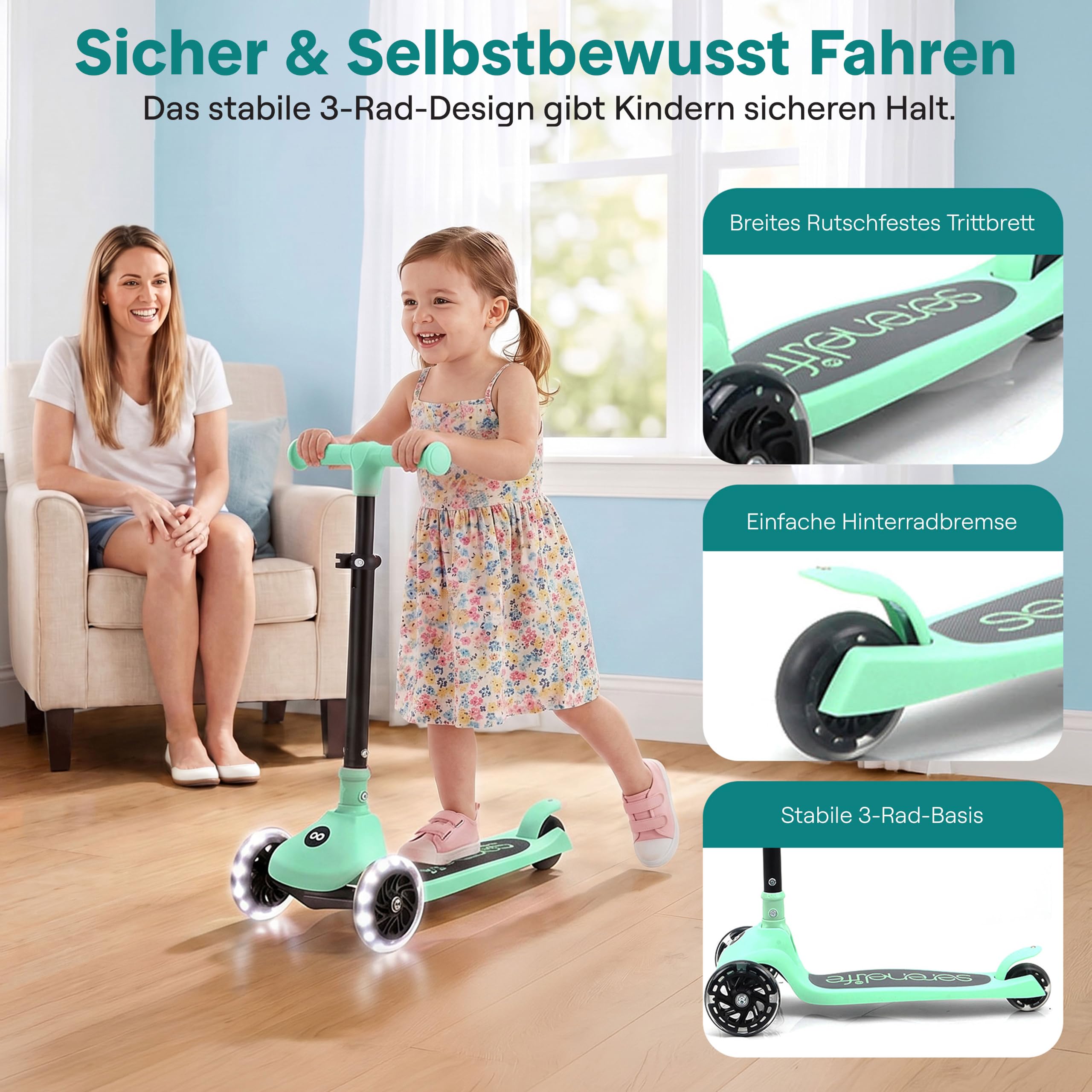 SereneLife Kinderroller ab 3 Jahre – LED Tretroller faltbar höhenverstellbar, leicht und stabil, für Jungen und Mädchen, Indoor und Outdoor, bis 50 kg