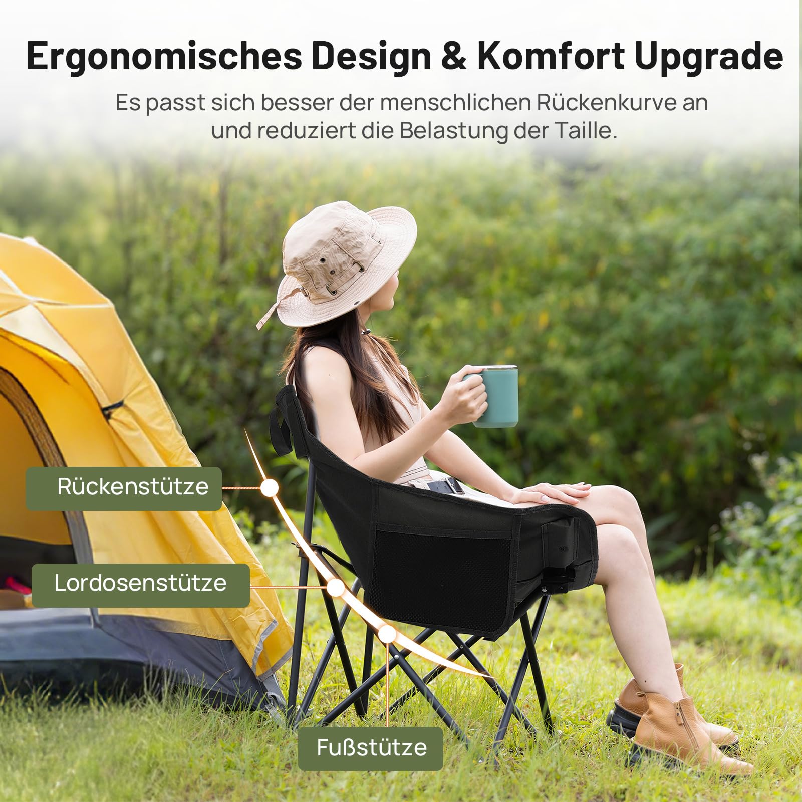 HAUSPROFI Campingstuhl Faltbar 150 kg Belastbar, Klappstuhl Camping Leicht, Bequeme Rückenlehne Campingstuhl, Camping Stuhl mit Tragetasche für Picknick, Outdoor, Wandern, Gartenstühle, Angelstuhl