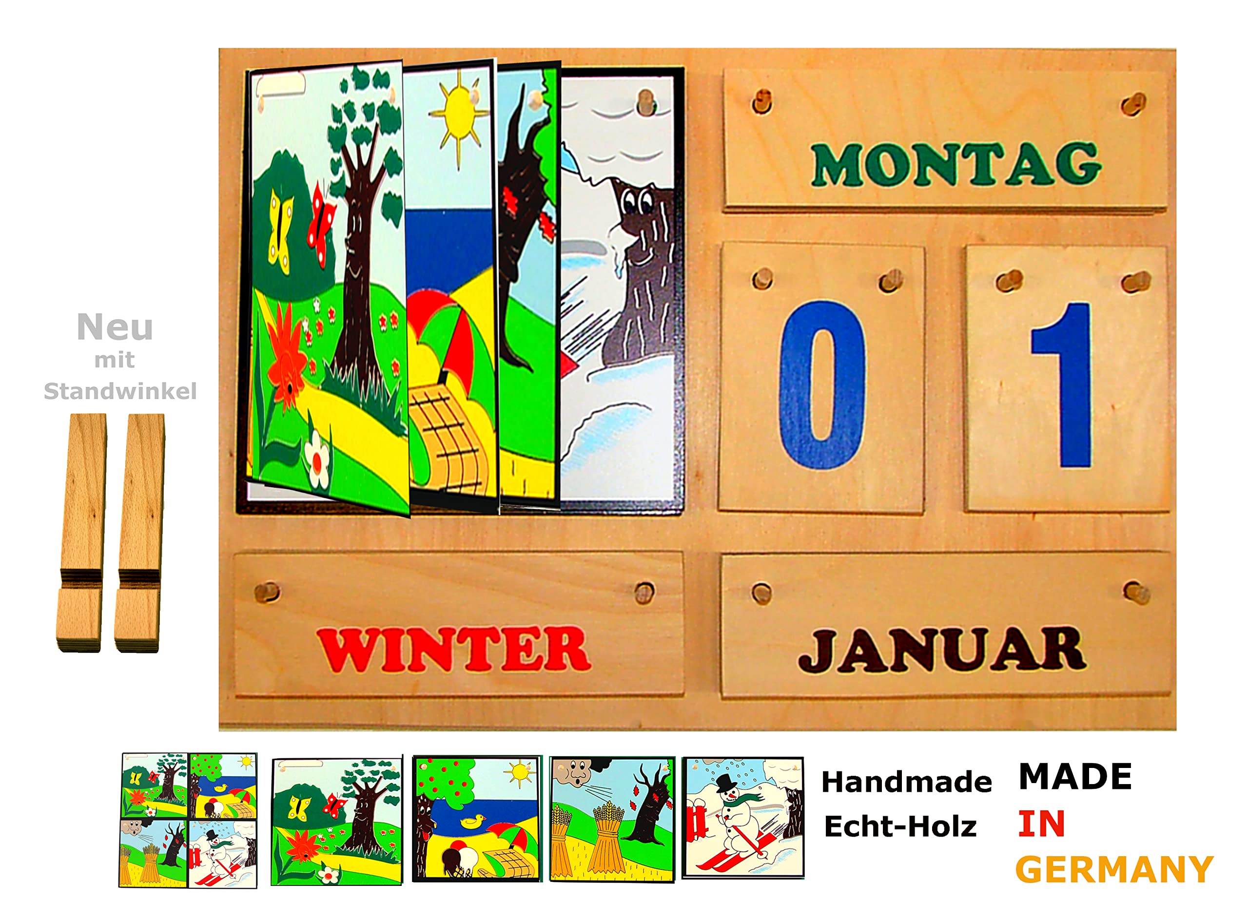 Wunderschöner Jahreszeitenbaum aus Birkenholz | Bunte Schrift | Ewiger Tisch- und Wandkalender | Handmade | mit Standwinkel | Zuhause, Schule, Kita, Seniorenheim | Lern-Dauerkalender | Made in Germany