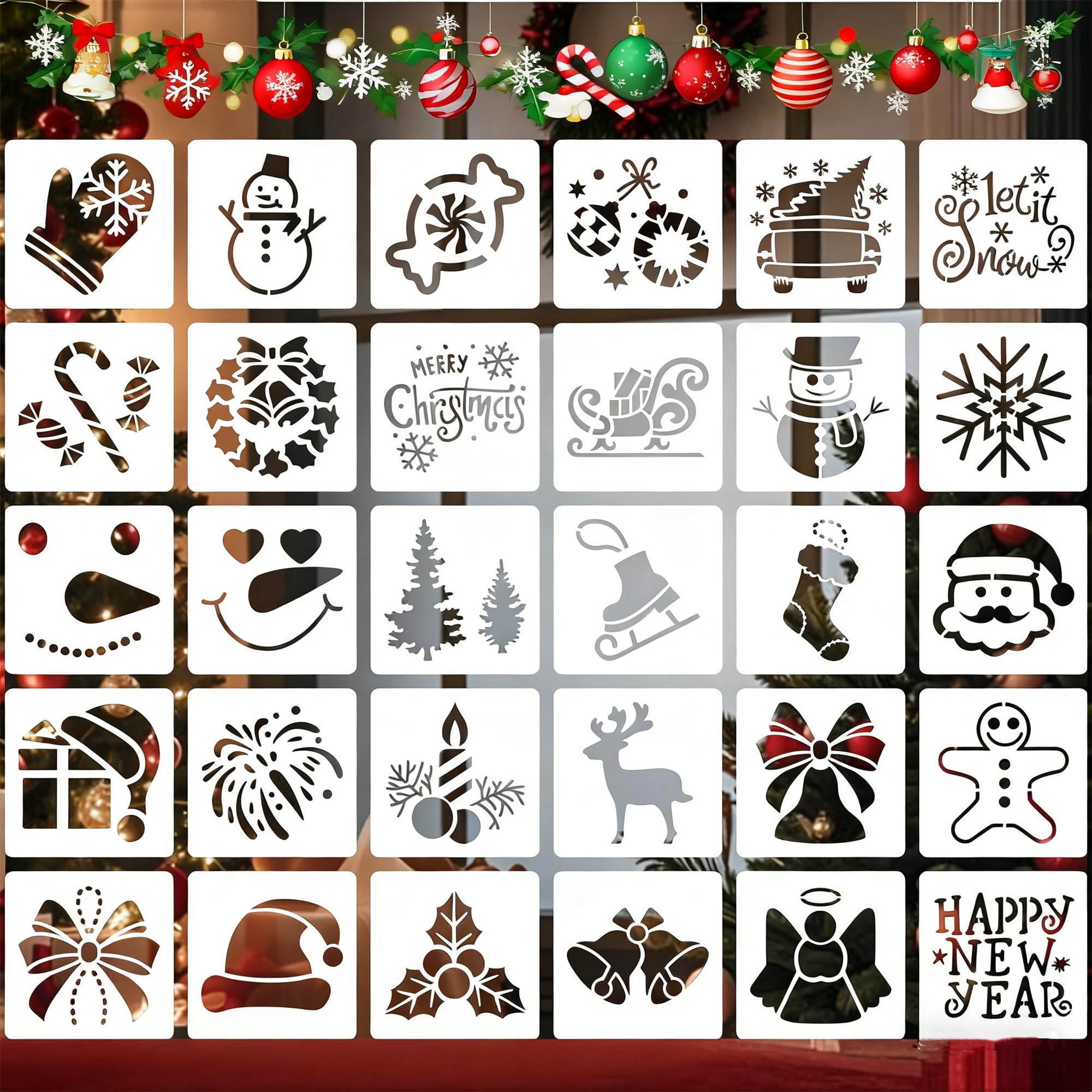 Lot de 30 pochoirs de Noël réutilisables et jetables en plastique de 30,5 cm, motif bonbon, flocon de neige, cerf, cloches de Noël, pour peinture sur bois, artisanat, mur, décoration d'intérieur