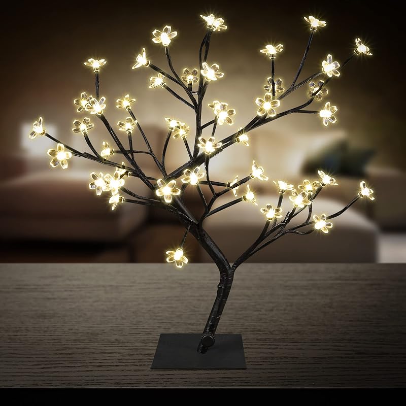 Cherry Blossom Bonsai Tree Light 18IN Tree Lamp with 48 LED Japanese Cherry Blossom Decor for Indoor and Outdoor Christmas Wedding Party Adapter Plug in Tabletop Lamp UL Listed Warm White