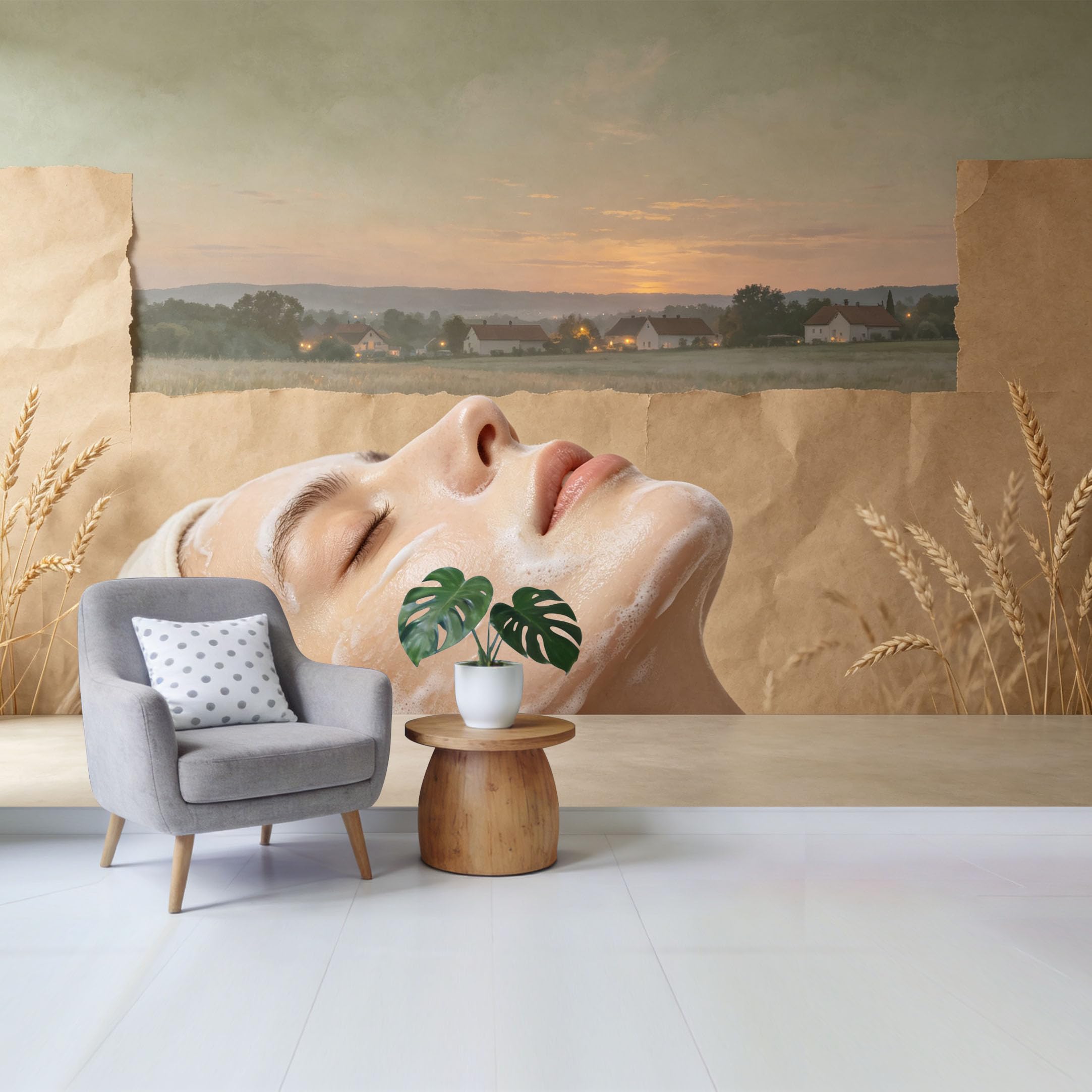 Qzlithotic Yq2605250501 Custom Size Wall Mural Peaceful Farmhouse Sunset Landscape Wheat Field Skin Care Beauty Portrait Selfadhesive Wall Fabric Removable Wallpaper For Home Office Decor