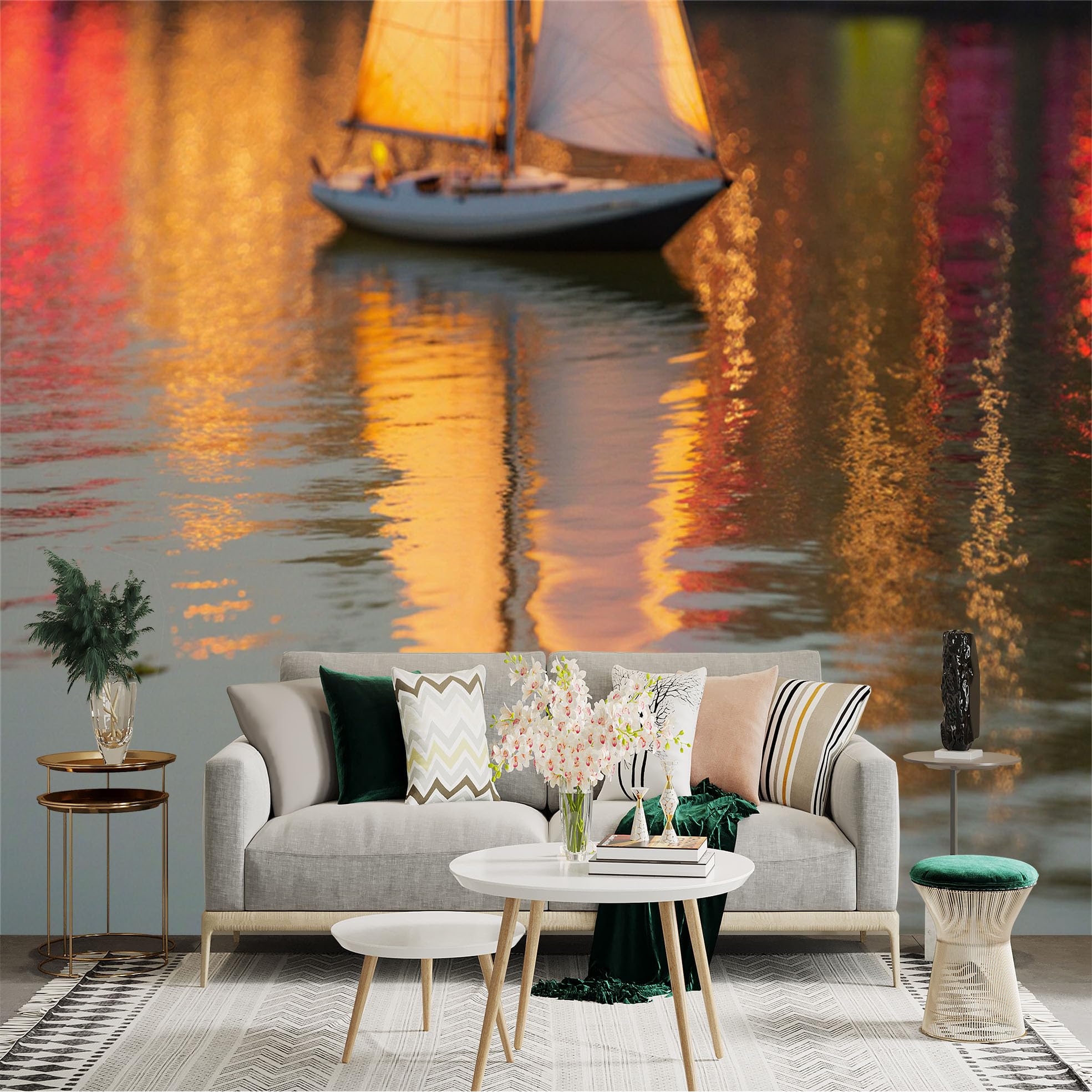Custom Size Wall Sticker Mural， Sailboat at Sunset， Calm River Water Surface， Golden Hour Light Reflection， Abstract Artistic Nautical Scenery， for wall Decoration， peelandstick wall Decals.