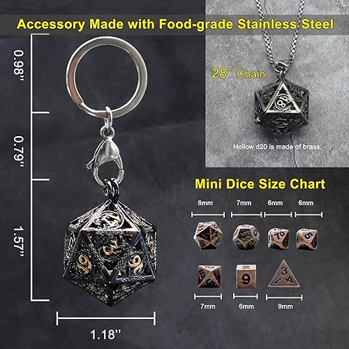 Miniatura 5 de Haxtec Mini juego de dados DND de metal con collar hueco de oro negro D20, estuche de dados antiguo de cobre pequeño, juego de dados de metal de