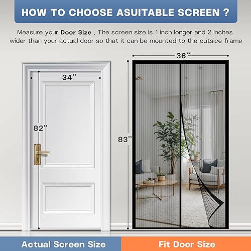 Miniatura 2 de Malla para puerta con imán para mosquitos, color negro, se adapta a puertas de hasta 34 x 82 pulgadas, mantiene a los insectos fuera con gancho y