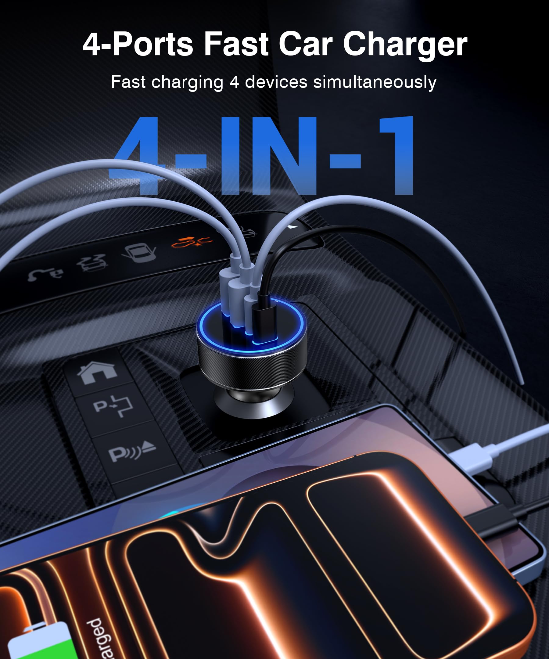Chargeur de voiture USB-C, adaptateur allume-cigare à charge super rapide, multiport USB-C et USB-A PD/QC pour iPhone 17/16/15, iPad, MacBook, Samsung Galaxy, et autres appareils Android