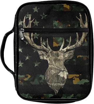 Rnyleeg Bible Cover for Men American Flag Camo Deer Printed Stylish Large Bible Case Lightweight Church Study Book Carrier with Pockets Handle Zipper
