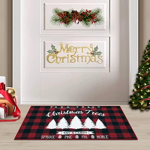 Miniatura 2 de CAROMIO Tapete para puerta delantera, tapete de Navidad para interiores y exteriores, antideslizante, lavable a máquina, rojo, 17 x 29 pulgadas
