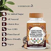 Vista 5 de Superfood MD Suplemento de hongo de melena de león con cola de pavo Reishi Cordyceps Chaga con raíz de malvavisco - 120