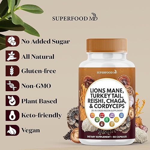 Miniatura 5 de Lions Mane 3000 mg 20 en 1 suplemento de hongo con cola de pavo 2000 mg Reishi 1000 mg Cordyceps Chaga 1000 mg con raíz de malvavisco - 120 unidades