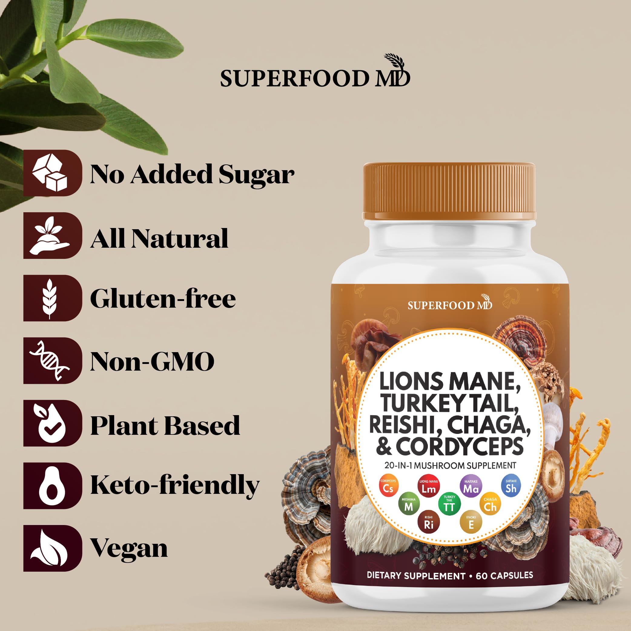 Superfood MD Lions Mane Mushroom Supplement with Turkey Tail Reishi Cordyceps Chaga with Marshmallow Root - 120 Count — Amazon image 5