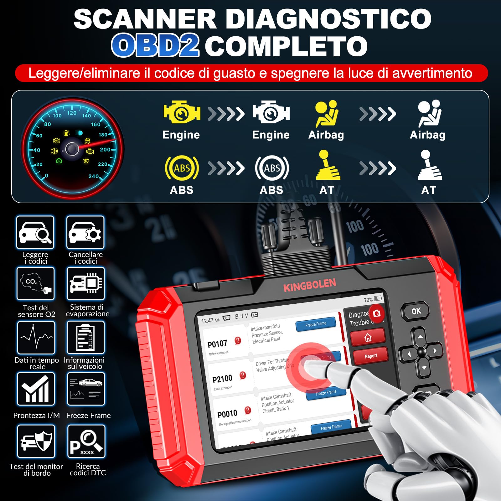KINGBOLEN Diagnostica Auto Italiano,S800 OBDII Diagnosi Automatica 4 Sistema di diagnosi (ABS + SRS + ECM + TCM) e 15 Servizio di Manutenzione (Olio+Dpf Iniettore Codifica+BMS) Aggiornamento WiFi