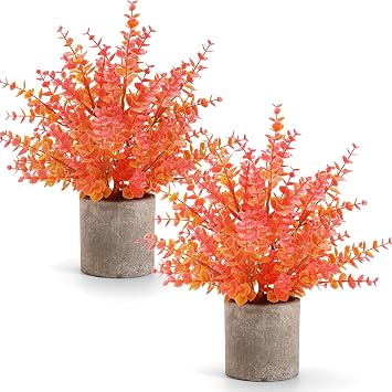 Coferset 2 Pack Small Fake Plants Eucalyptus Potted,Fall Orange Large